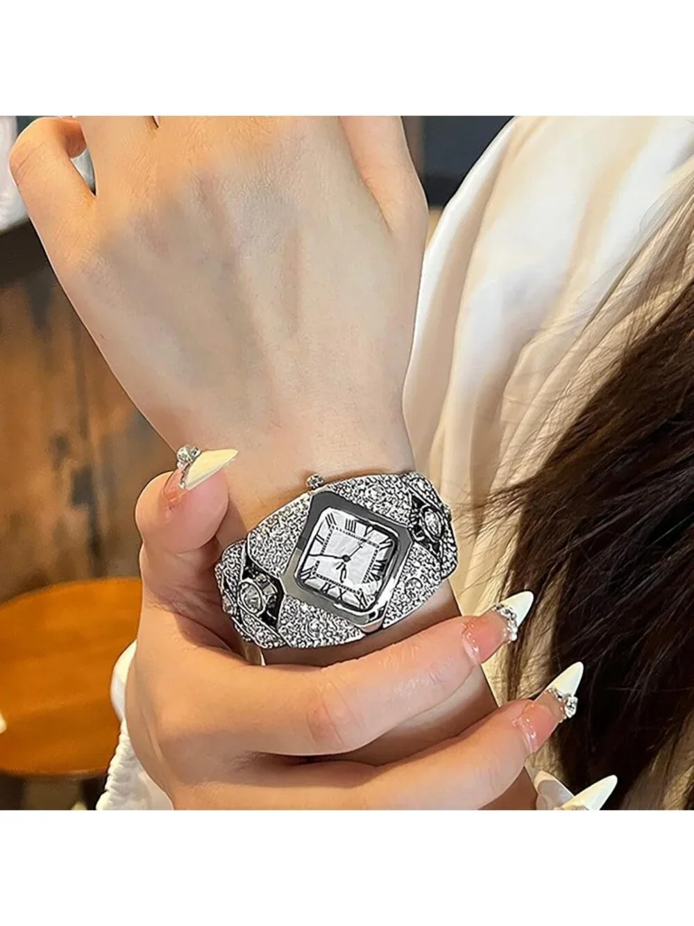 Women's Silver White Rhinestone Bracelet Roman Numerals Dial Stylish Wrist Watch